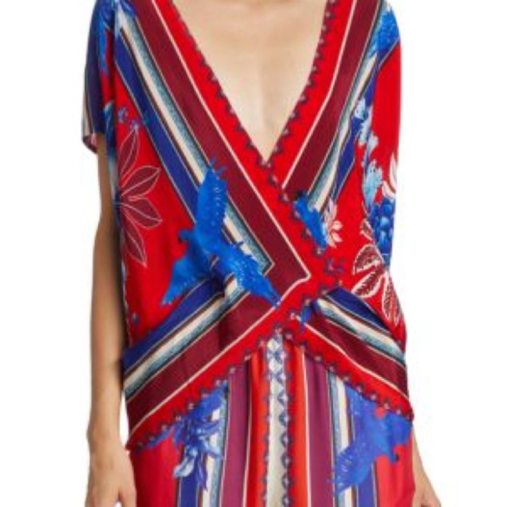 Farm Rio Vibrant Red and Blue V-Neck Top